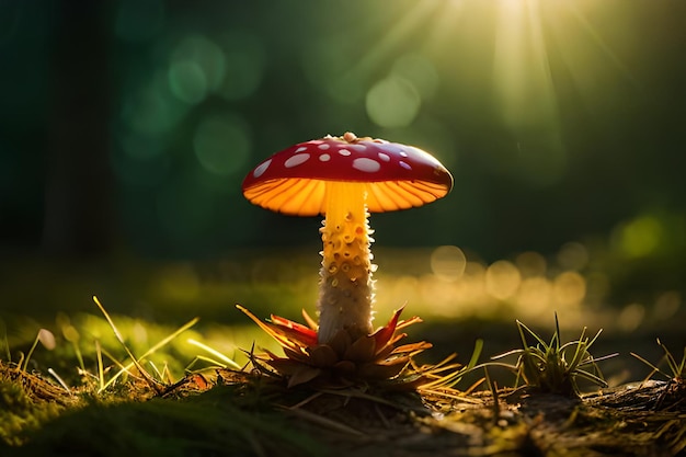 Un champignon avec un chapeau rouge et des taches blanches est dans l'herbe.