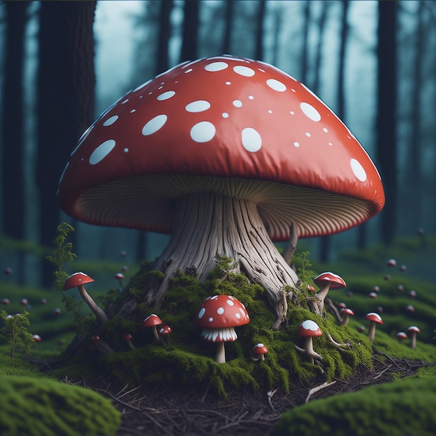 Un champignon avec un chapeau rouge et des taches blanches est entouré d'arbres.