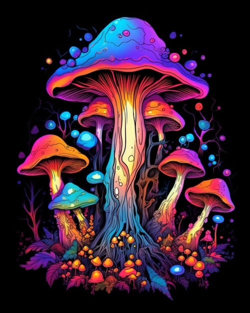 Un champignon coloré avec un arbre et des fleurs dessus