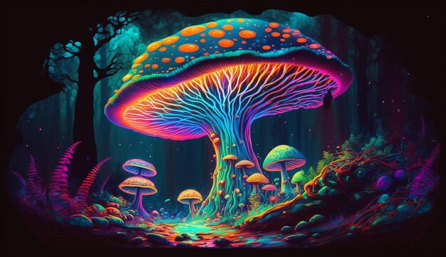 Un champignon coloré avec un fond noir et un fond bleu.