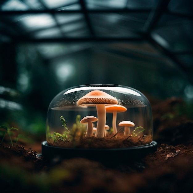 Un champignon avec un couvercle en verre de serre