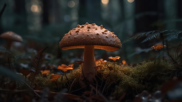 Un champignon dans les bois avec le soleil qui brille dessus