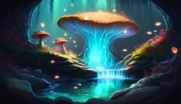 Un champignon dans la forêt avec une cascade bleue