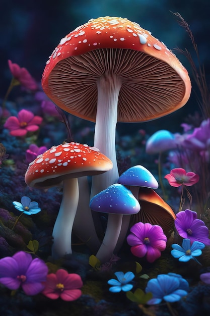 champignon dans la forêt avec fond d'illustration de fleurs colorées