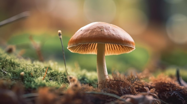 Un champignon dans la forêt avec le soleil qui brille dessus