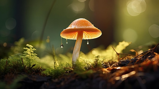 Un champignon dans la forêt avec le soleil qui brille à travers les feuilles.