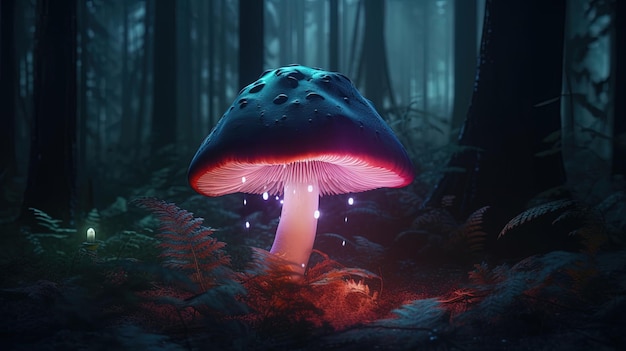 Un champignon dans le noir avec une lumière rougeoyante dessus