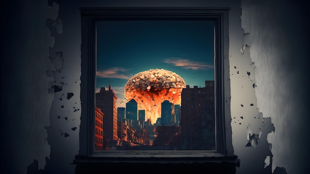 Champignon d'exposition nucléaire sur la vue sur la ville à travers la fenêtre art généré par le réseau de neurones