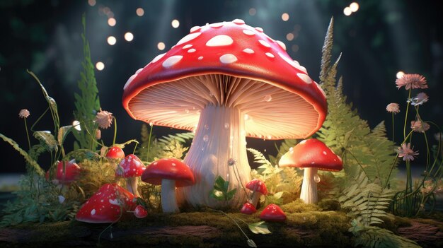 Champignon fantaisie maison illustration nature fée maison conte de fées forêt magique chalet arbre