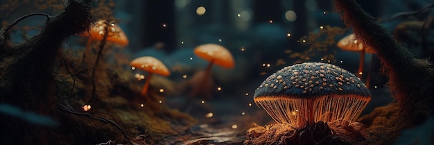 Champignon fantastique brillant dans une forêt de conte de fées enchantée et magique AI générative