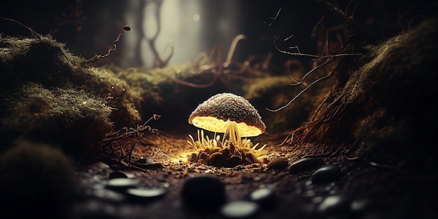 Champignon fantastique brillant dans une forêt de conte de fées enchantée et magique AI générative