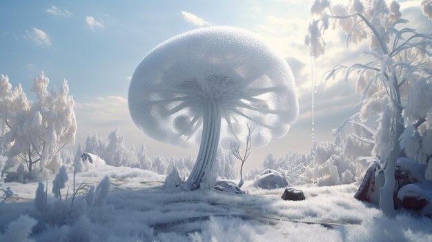 Champignon fantastique dans la forêt enneigée paysage surréaliste rendu 3D très détaillé peinture mate organique rendue dans Octane Keyshot ou Cinema4D