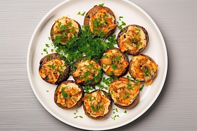 Champignon farci de crabe pour le déjeuner sur la table blanche avec une salle à manger à l'arrière-plan