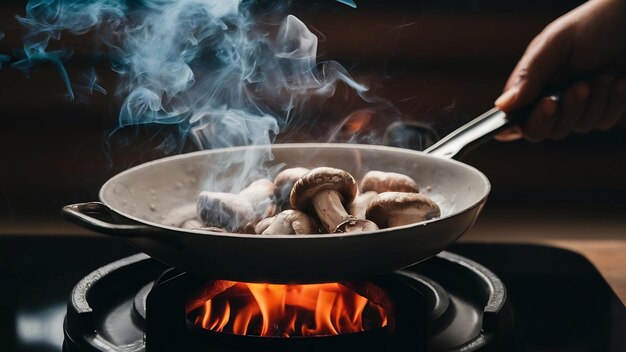 Champignon frite avec fumée et feu et humain dans le poêle