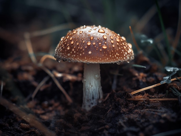 Un champignon avec une goutte de pluie sur son capuchon est dans la saleté.