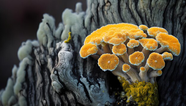 Photo un champignon jaune est assis sur un morceau de bois.