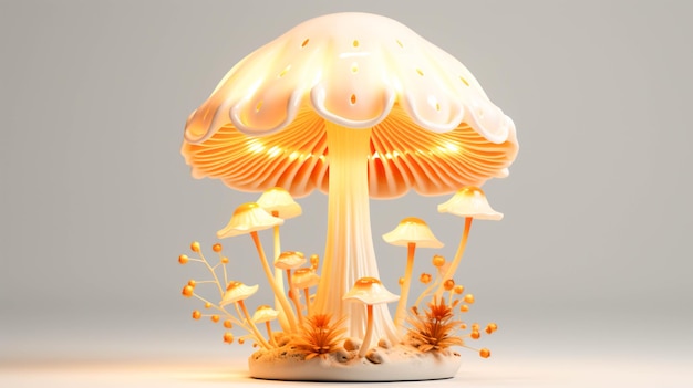 Un champignon avec une lampe blanche sur fond blanc