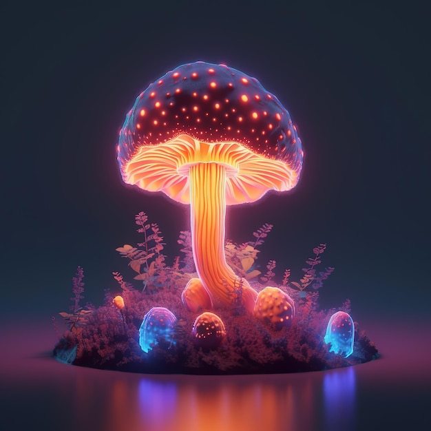 Un champignon avec une lumière rougeoyante dessus est éclairé par une lumière bleue.