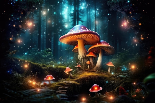 Champignon magique dans une forêt fantastique enchantée avec éclairage mystique