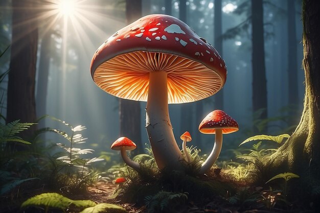 Champignon magique dans la forêt générateur de faisceau de soleil ai