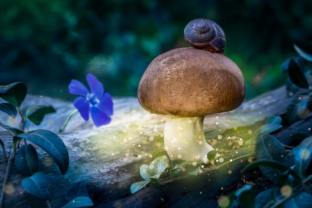 Champignon magique dans une forêt mystique avec fleur et escargot Fond fantastique