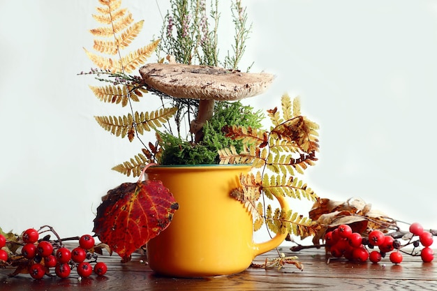 Champignon parapluie avec branches de bruyère et de fougère feuille de tremble dans une tasse jaune sur une table en bois sur fond clair branches de viorne à proximité