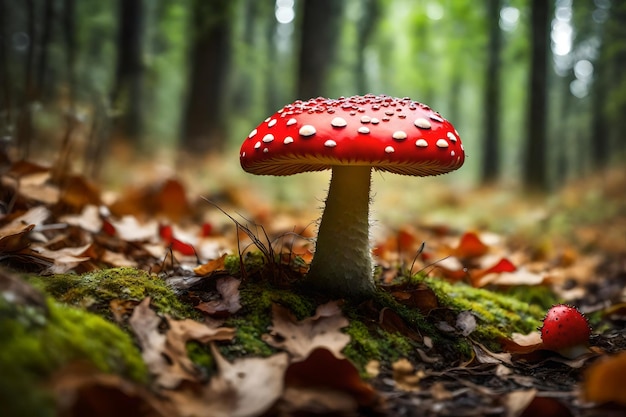 un champignon rouge avec des points blancs sur lui se tient dans la forêt