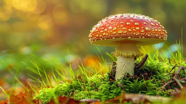 un champignon rouge avec des points jaunes dans l'herbe