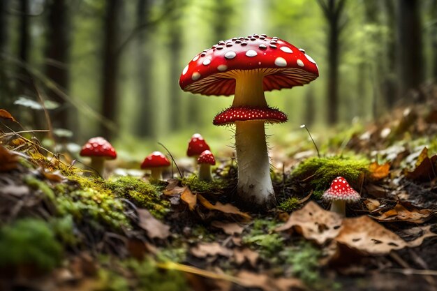 un champignon rouge avec une tache blanche sur lui est entouré de feuilles