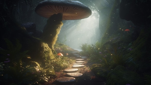 Un champignon rougeoyant autour d'Archway dans un paysage de forêt de fées enchanté
