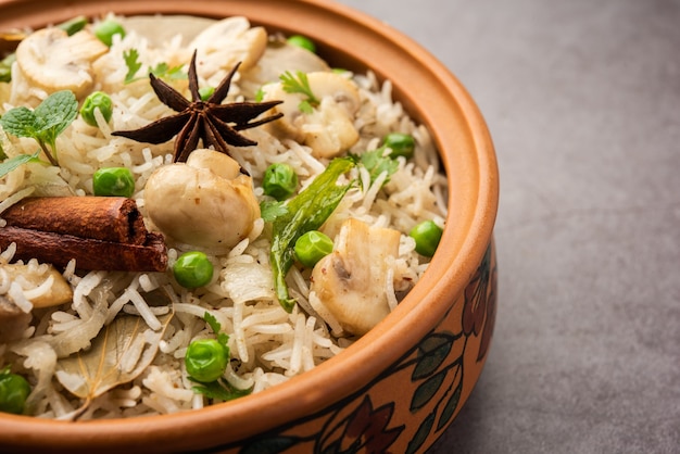 Champignon savoureux ou riz aux champignons ou Pulav ou Pilaf ou Pulao ou Biryani servi dans un bol ou une assiette, mise au point sélective