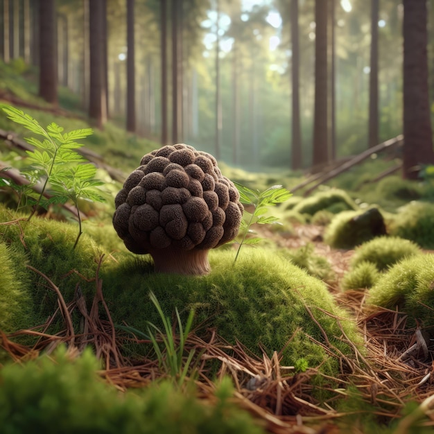 Un champignon de truffe unique au milieu d'une verdure luxuriante dans une forêt sereine éclairée par une lumière naturelle douce