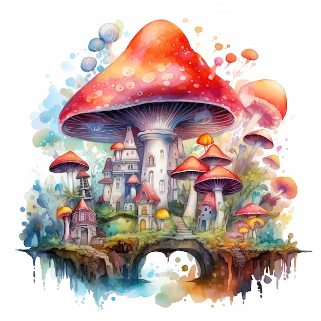 Champignon univers plein de champignon ville effet aquarelle champignon détails blanc Generative AI