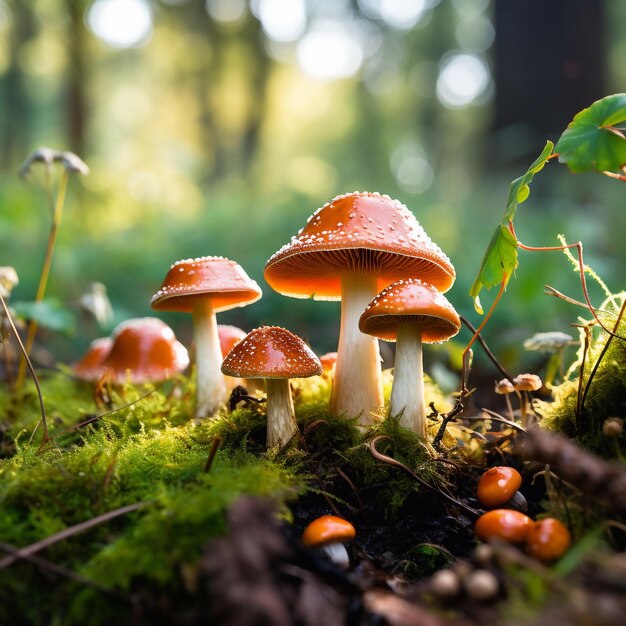 champignons agaires rouges toxiques dans le sol de la forêt à l'automne