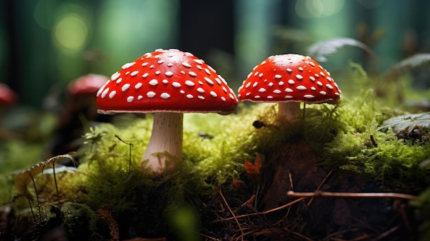 Des champignons agaric de mouche qui poussent sur le sol de la forêt créés avec la technologie d'intelligence artificielle générative