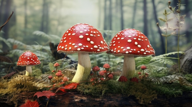 Des champignons agaric de mouche qui poussent sur le sol de la forêt créés avec la technologie d'intelligence artificielle générative