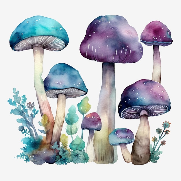 Champignons à l'aquarelle sur fond violet.