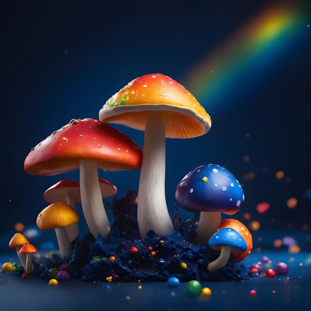 champignons et arc-en-ciel sur fond sombre