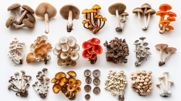 Photo des champignons assortis bien disposés sur un fond blanc