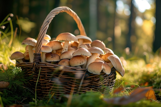 Des champignons d'automne dans un panier de forêt