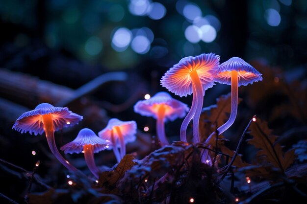 Photo des champignons bioluminescents dans une forêt sombre