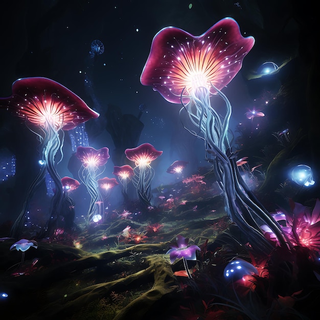 Champignons bioluminescents et psychédéliques dégageant une lueur magique enchanteresse