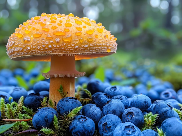 Les champignons et les bleuets dans la forêt