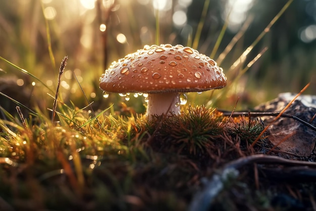 Champignons Boletus poussant dans la mousse en forêt par une journée d'été ensoleillée Illustration de l'IA générative