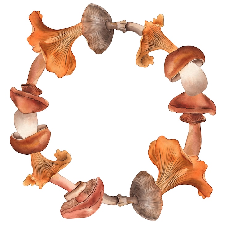 Photo les champignons à cadre rond chanterelles porcini champignons mouches agaric champignons au miel l'illustration est dessinée en aquarelle isolée pour la conception de vacances d'automne impression de carte d'halloween