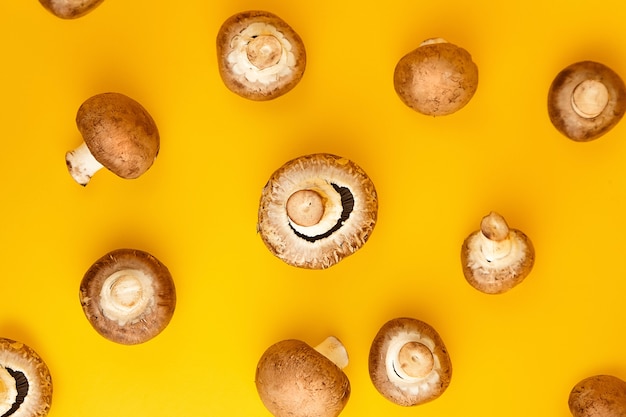 Champignons, champignons bruns frais dispersés sur un fond jaune, vue du dessus. Ingrédient alimentaire non cuit, pose à plat