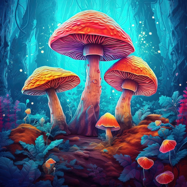 Des champignons colorés dans une forêt psychédélique Concept de champignons Neon dmt