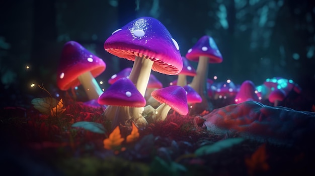 Champignons colorés lumineux dans un espace psychédélique Fantasy Générative ai