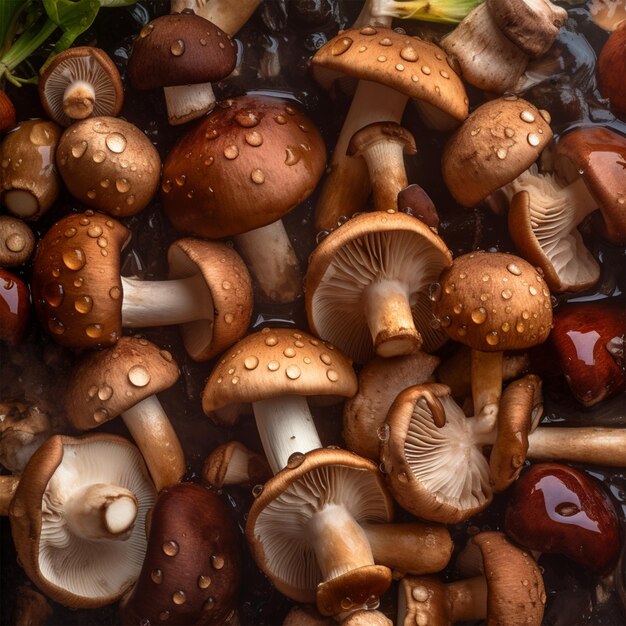 Des champignons comestibles Arrière-plan sans couture Des gouttes d'eau visibles