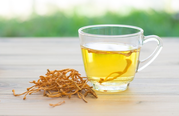 Champignons Cordyceps Militaris séchées avec coupe sur fond de table en bois